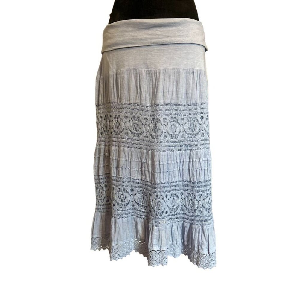 Now & Then Women's Lace Hem Maxi Skirt  Sz M Blue 100% Cotton Made In India
